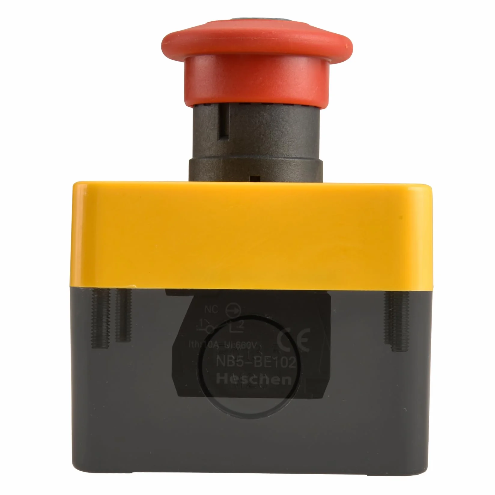Heschen Interruptor de emergencia IP65 resistente a la intemperie con carcasa y llave, 2NC 660 V 10 A, interruptor de botón rojo con inscripción EMERGENCY STOP para industria, 1 unidad
