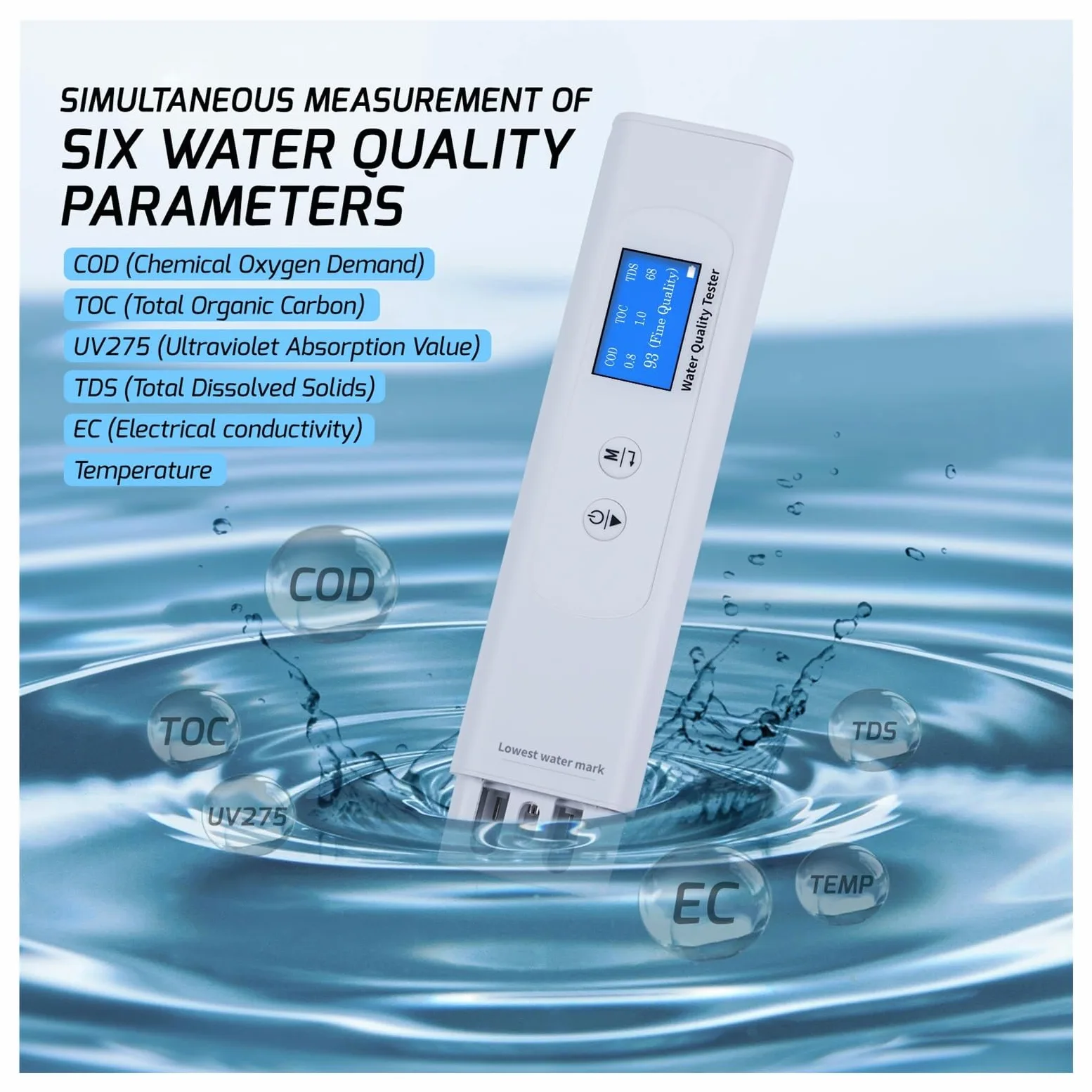 Medidor de TDS 6 en 1, TOC UV275, EC, DQO, medidor temperatura, comprobador digital calidad del agua, Monitor técnico