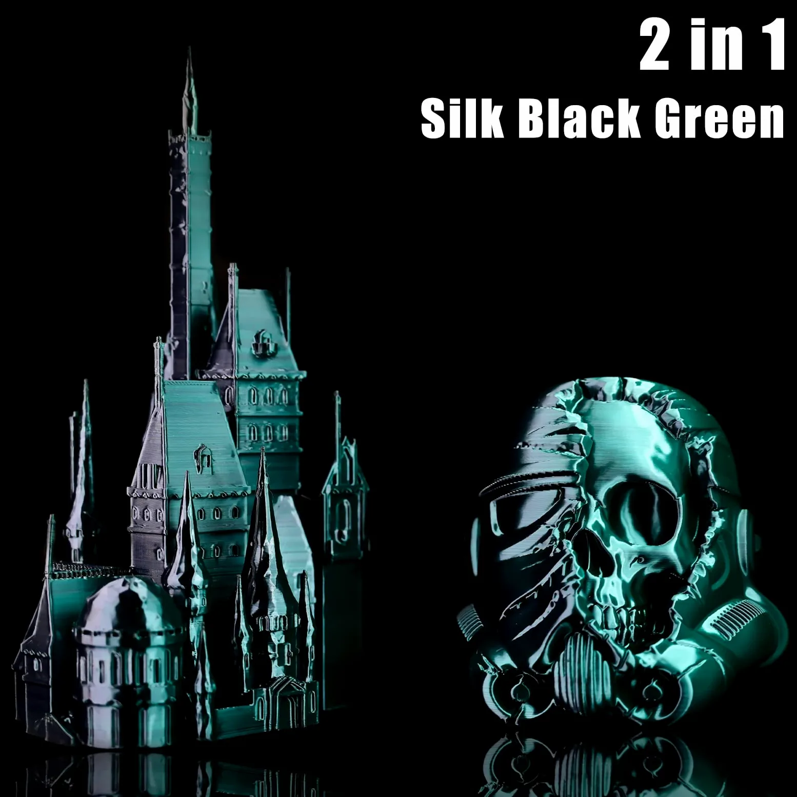 Filamento PLA de 1.75 mm, filamento de impresora 3D de ácido poliláctico sedoso, filamento de doble color, negro y verde, coextrusión 2 en 1, filamento PLA de 1.75 mm +/-0.02 mm, 1 kg