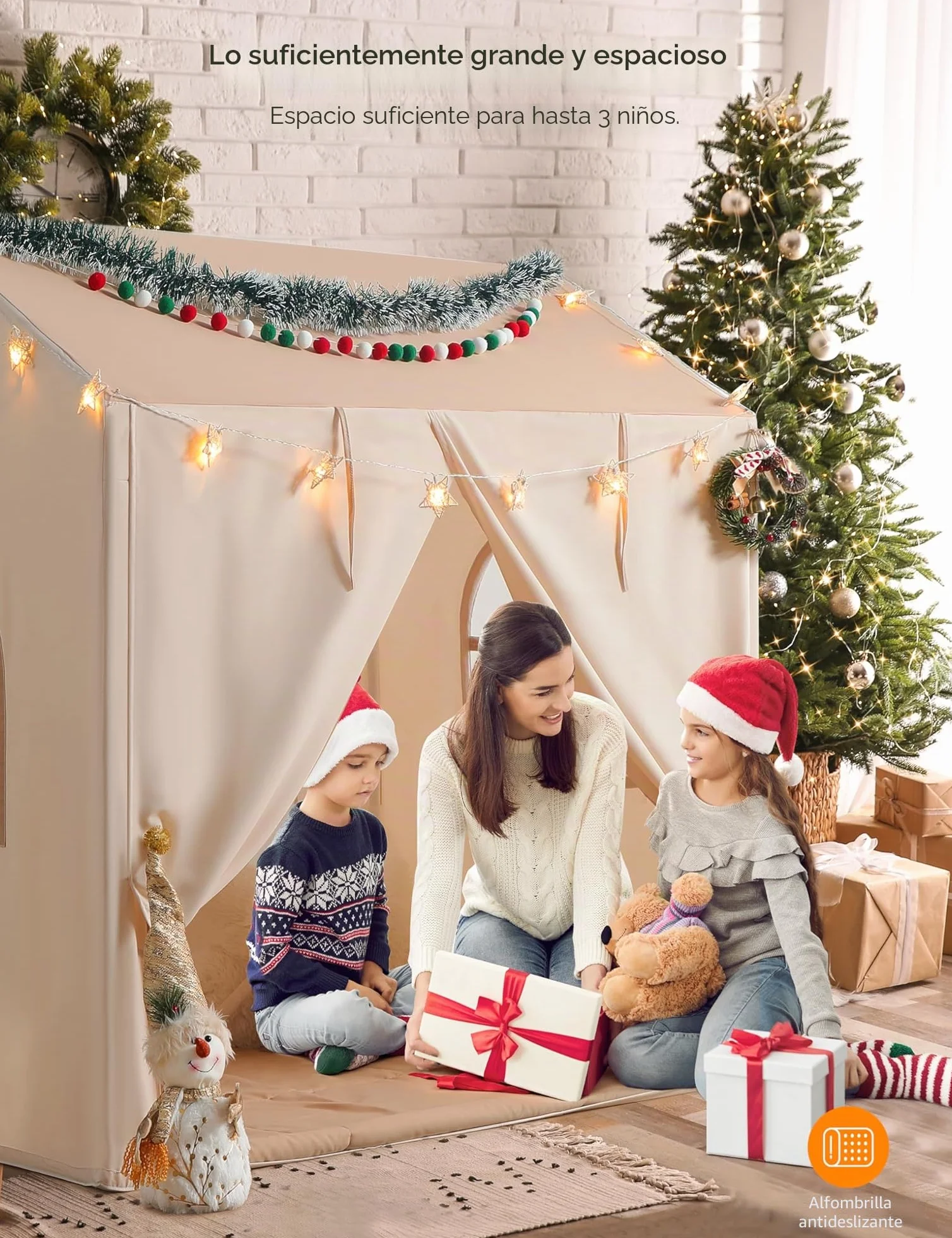 Besrey Tienda de Juego para Niños con Toldo, Casita Infantil 2 en 1 con Luz LED, Alfombra Acolchada
