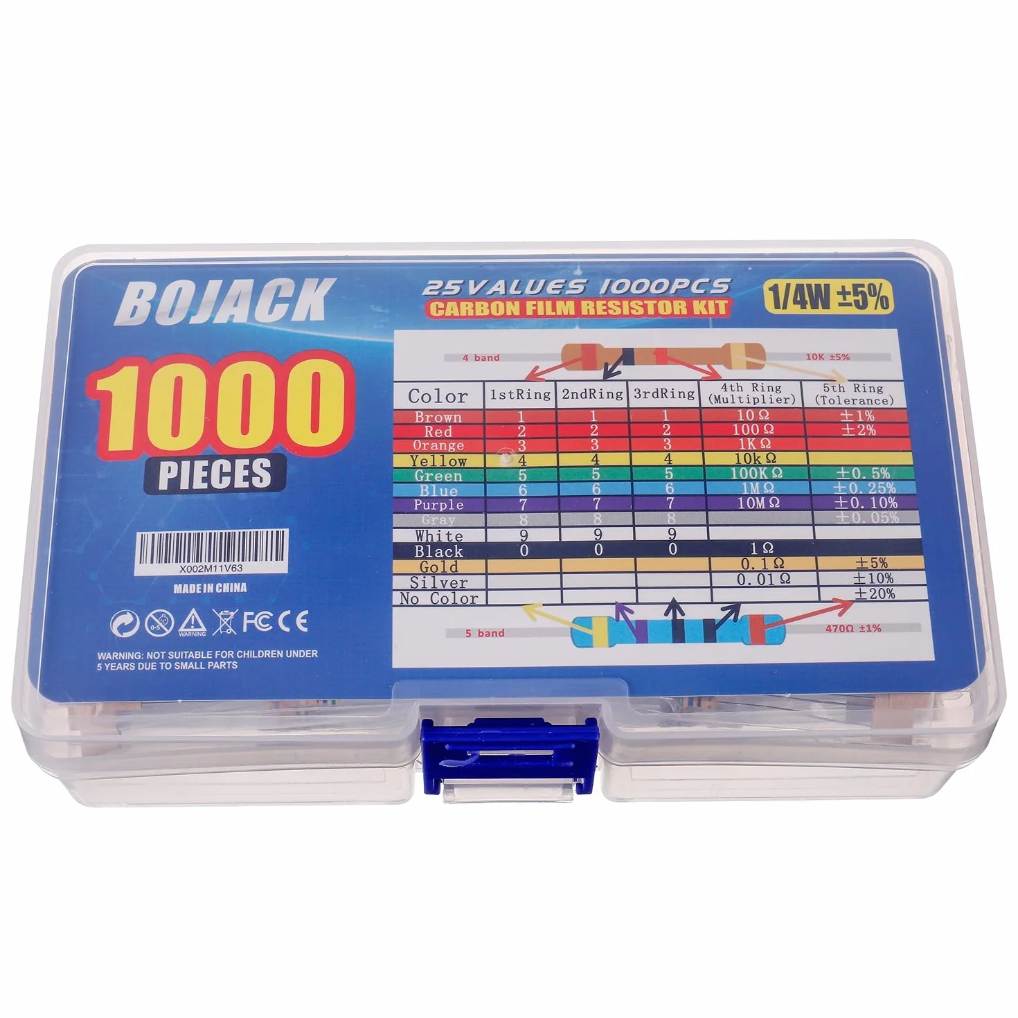 BOJACK Surtido de resistencias 1 ohmio 1 M ohmios 1/4 W kit resistencia película de carbono 25 valores 1000 unidades