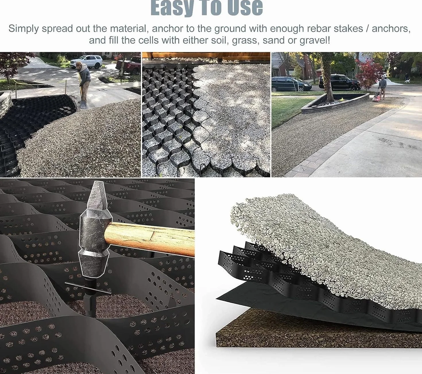 ELzEy Rejilla de conexión a tierra de geomalla de HDPE resistente, estabilizador de grava permeable de pendiente de carril negro, utilizado para muros de contención, estacionamientos y pistas de