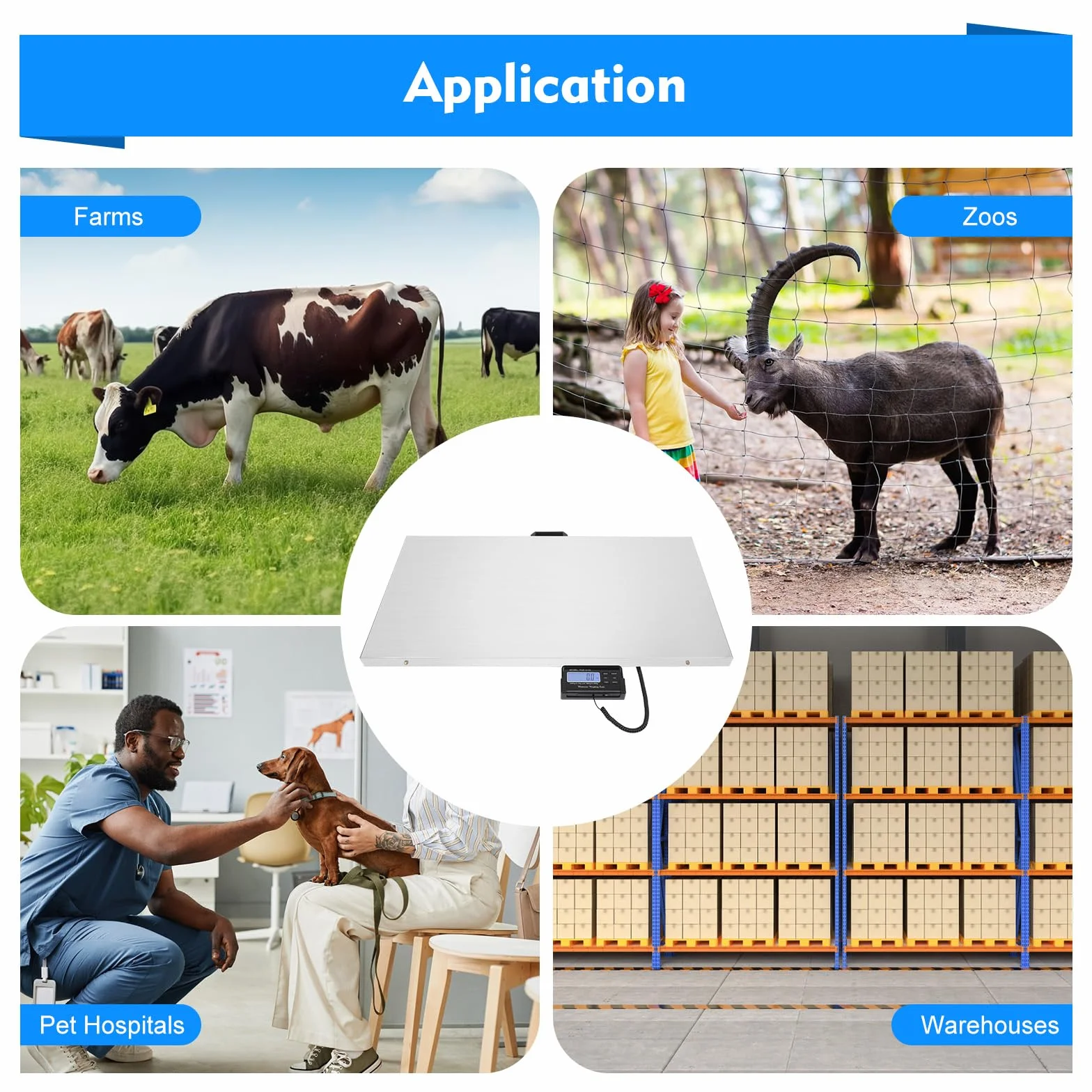 Báscula veterinaria para animales, 300 kg, báscula para perros, báscula de paquetes, báscula de plataforma de 103 cm x 53 cm, báscula industrial de carga pesada, unidad de pesaje kg/oz/lb, LCD