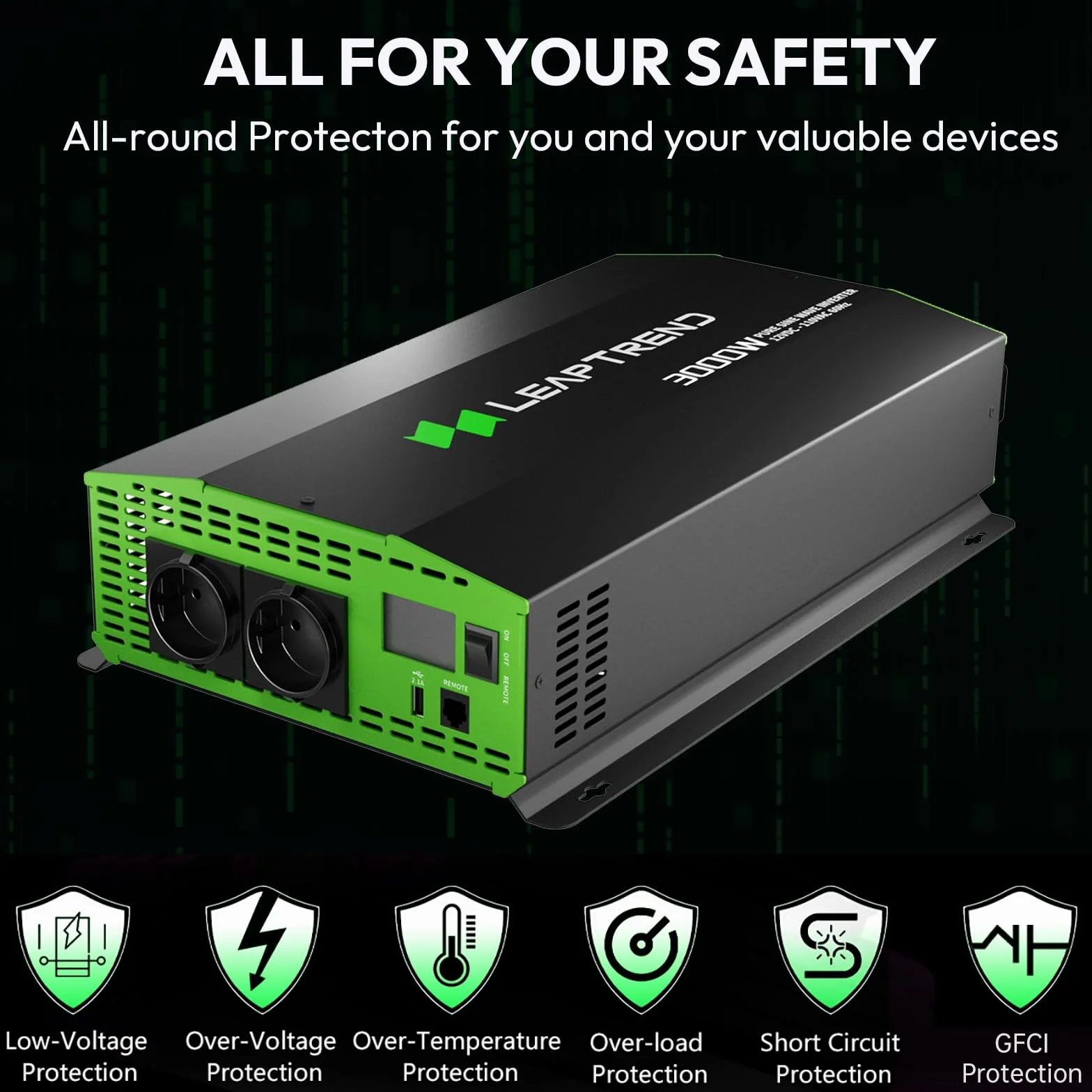 Leaptrend 3000W inversor de Onda sinusoidal Pura 12V DC a 220V AC para el hogar, RV, Camiones, Marina, Camping al Aire Libre, Off Grid inversores solares con Pantalla LCD Convertir sobretensión 6000W