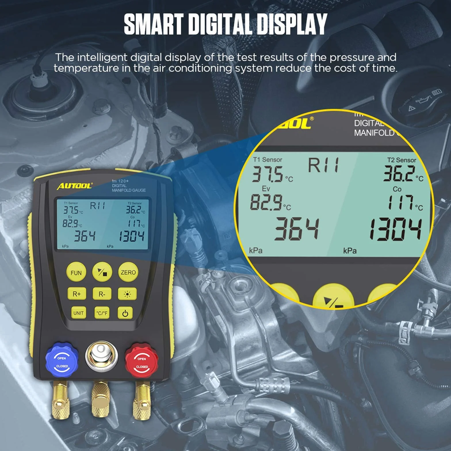 AUTOOL Medidor de presión de refrigeración digital, sistema HVAC Medidor de refrigeración Aire acondicionado Refrigerador Presión de vacío Probador de fugas de temperatura
