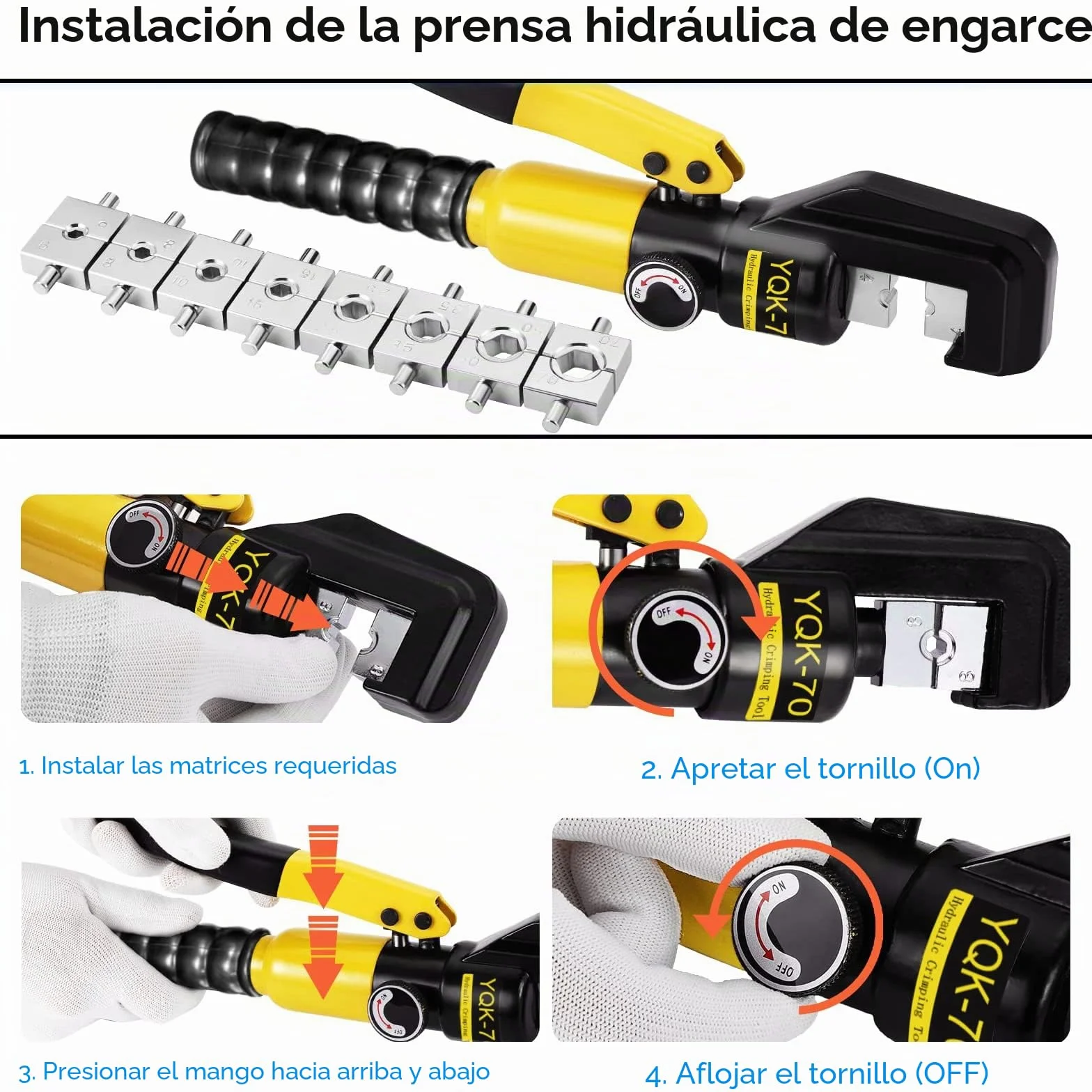 Crimpadora Hidráulica 4-70 mm² 80 kN Solsop, Prensa Terminales con 9 Matrices, Cabezal Giratorio 180°