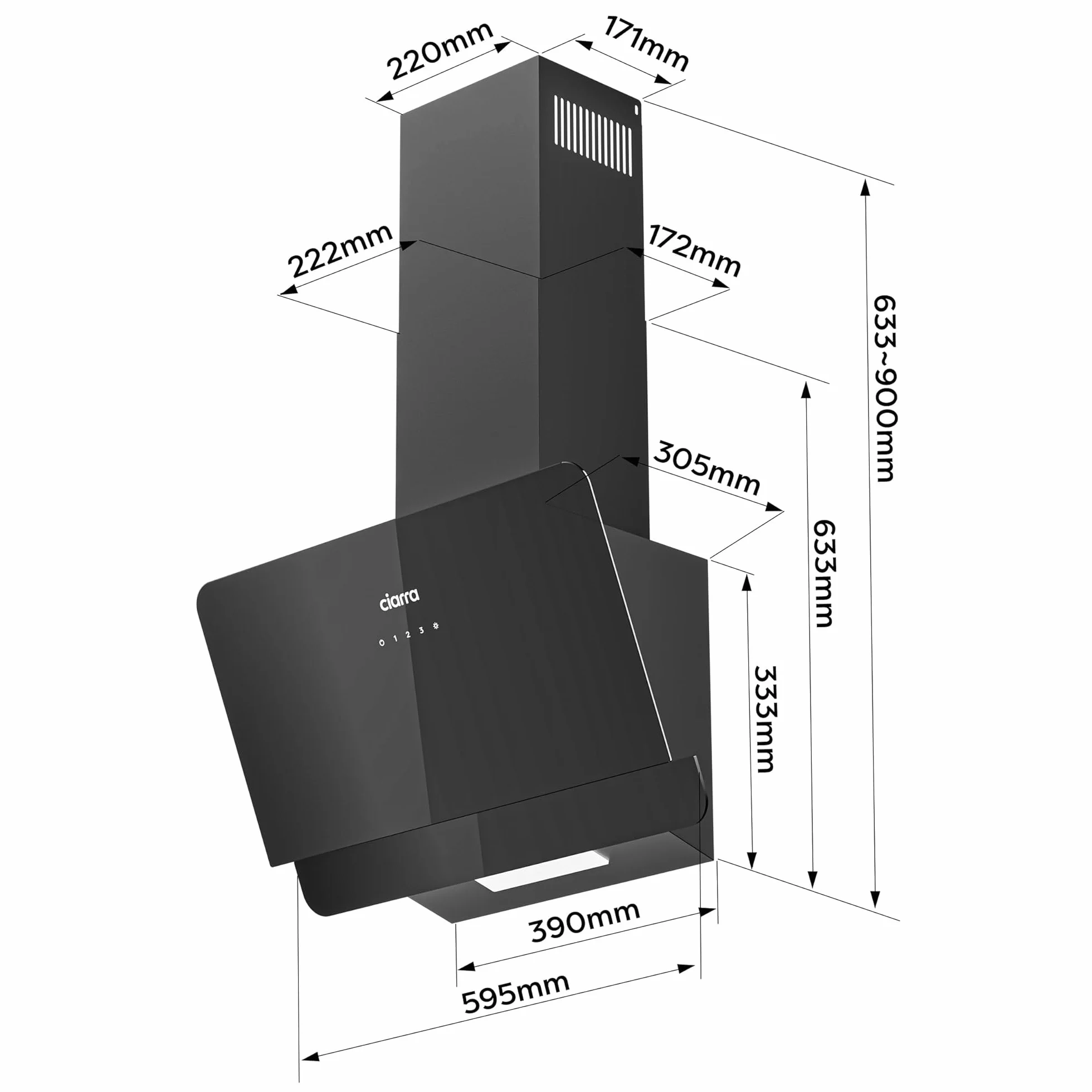 Ciarra CBCB6765C Campana de Pared Inclinada 60 cm 580 m³/h Clase A+ Control Táctil Panel de Cristal Negro