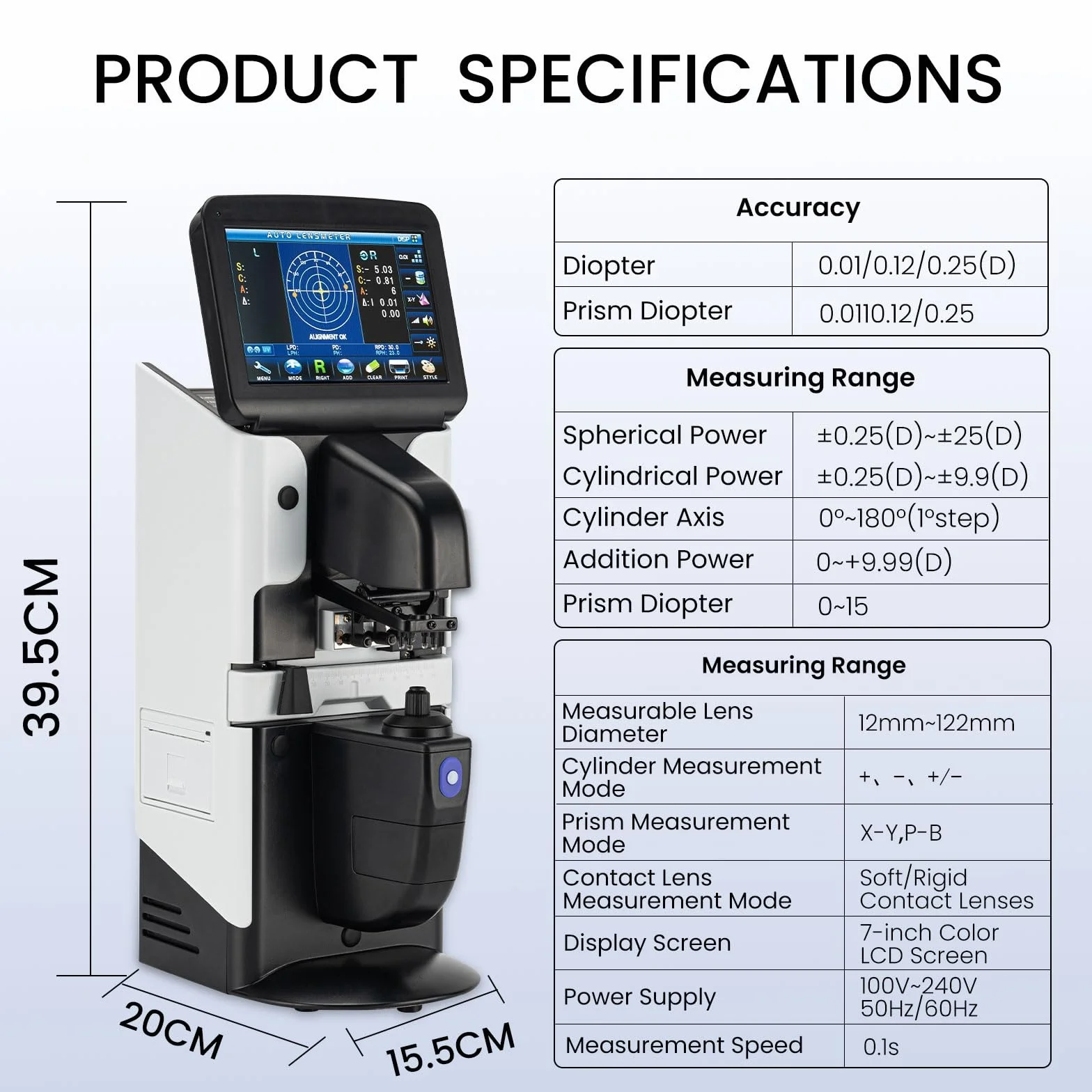 LCD Lensometer Focimeter Lens Meter 7 "Pantalla táctil Focimeter Nueva Digital Auto PD UV Impresora PD Medidor JD-2600A