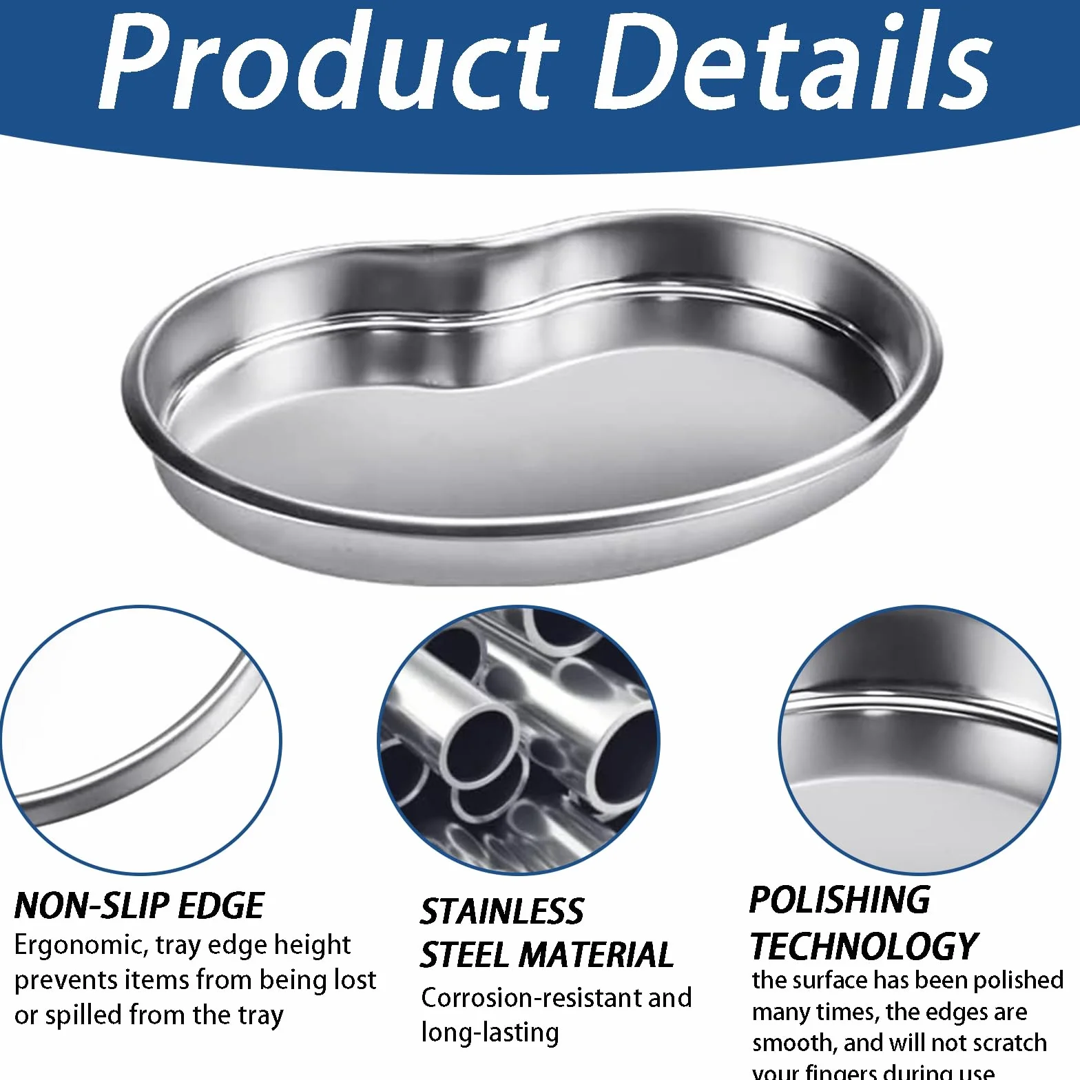 Bandeja de acero inoxidable para riñones, reutilizable, curva, 2 unidades