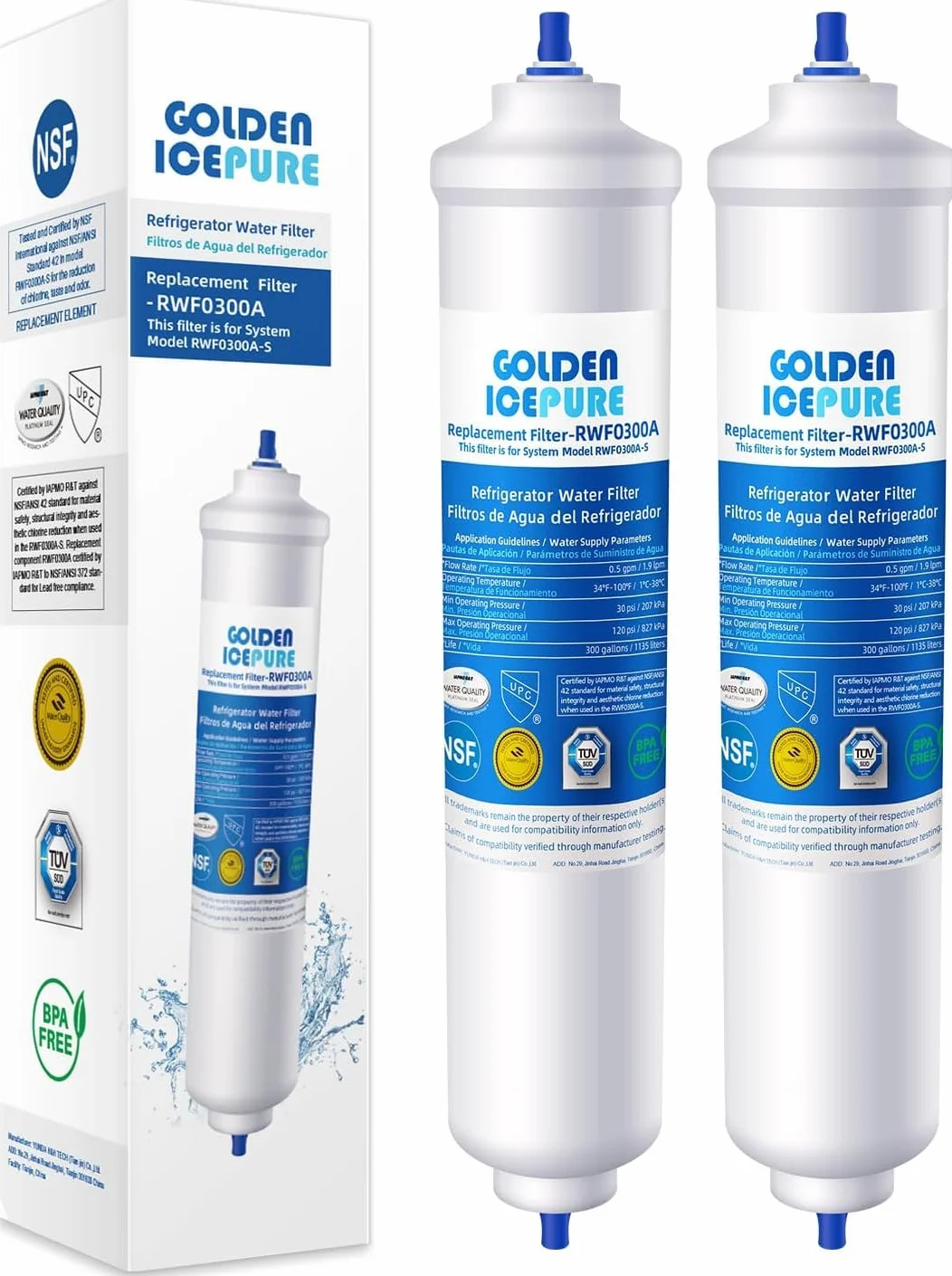 GOLDEN ICEPURE Filtro de agua para refrigerador Compatible Con Samsung DA29-10105J, DA99-02131B, WSF-100, EF9603, HAIER LG, 2 piezas