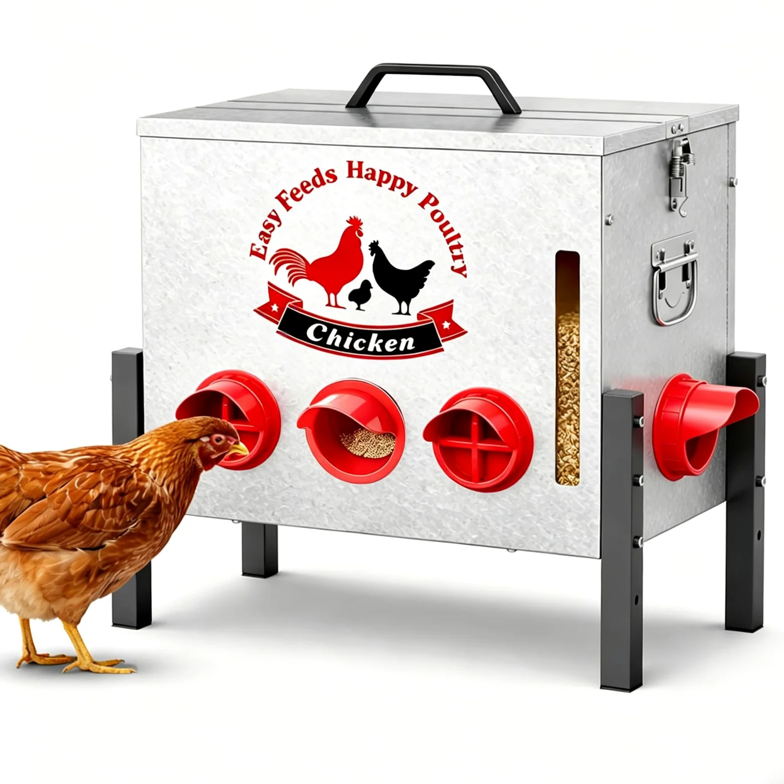 Comedero automático para gallinas de 25 kg con 8 orificios de alimentación, ventana, tapa con cierre, altura ajustable, resistente a las ratas, almacenamiento de alimentos para pollos, patos, gansos