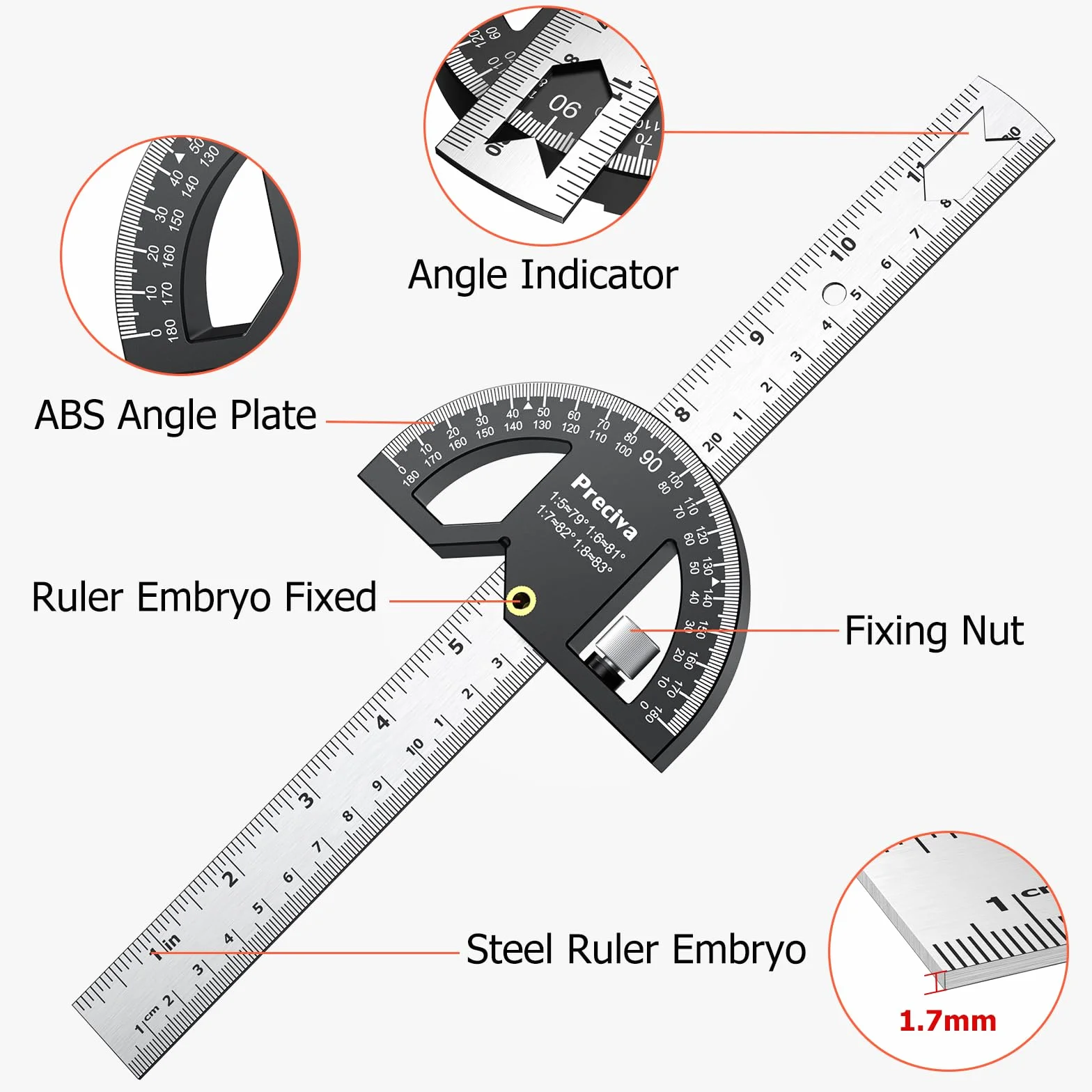 Preciva Transportador de Aluminio 30cm 0-180 Grados Regla Precisa Ajustable Acero Inoxidable para Artesanos