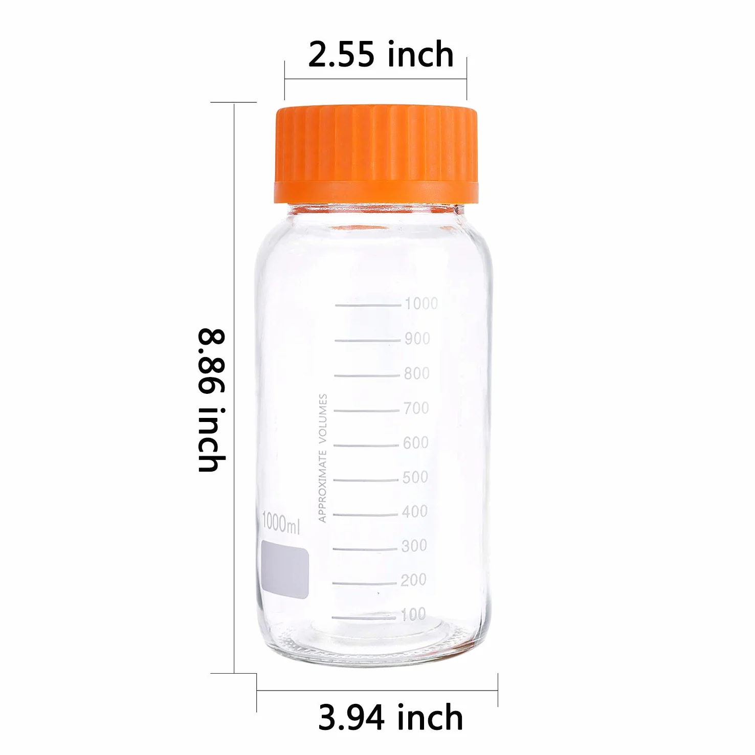 Pyrex - Paquete de 3 botellas de vidrio redondas graduadas de boca ancha de 1000 ml con tapón de rosca de polipropileno naranja GL80