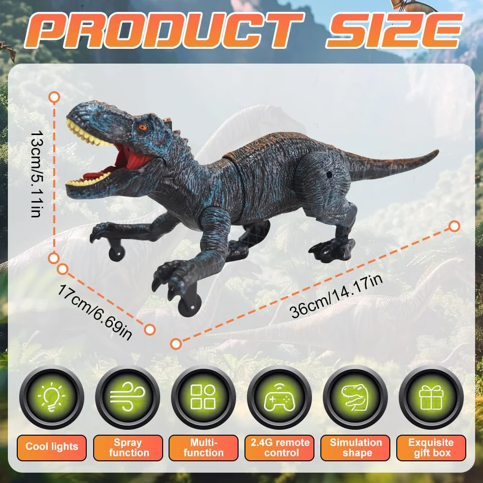 Dinosaurio Teledirigido 2.4 GHz Recargable con Rociar Rugido y Luz Juguete para Niños 3+ Años Azul
