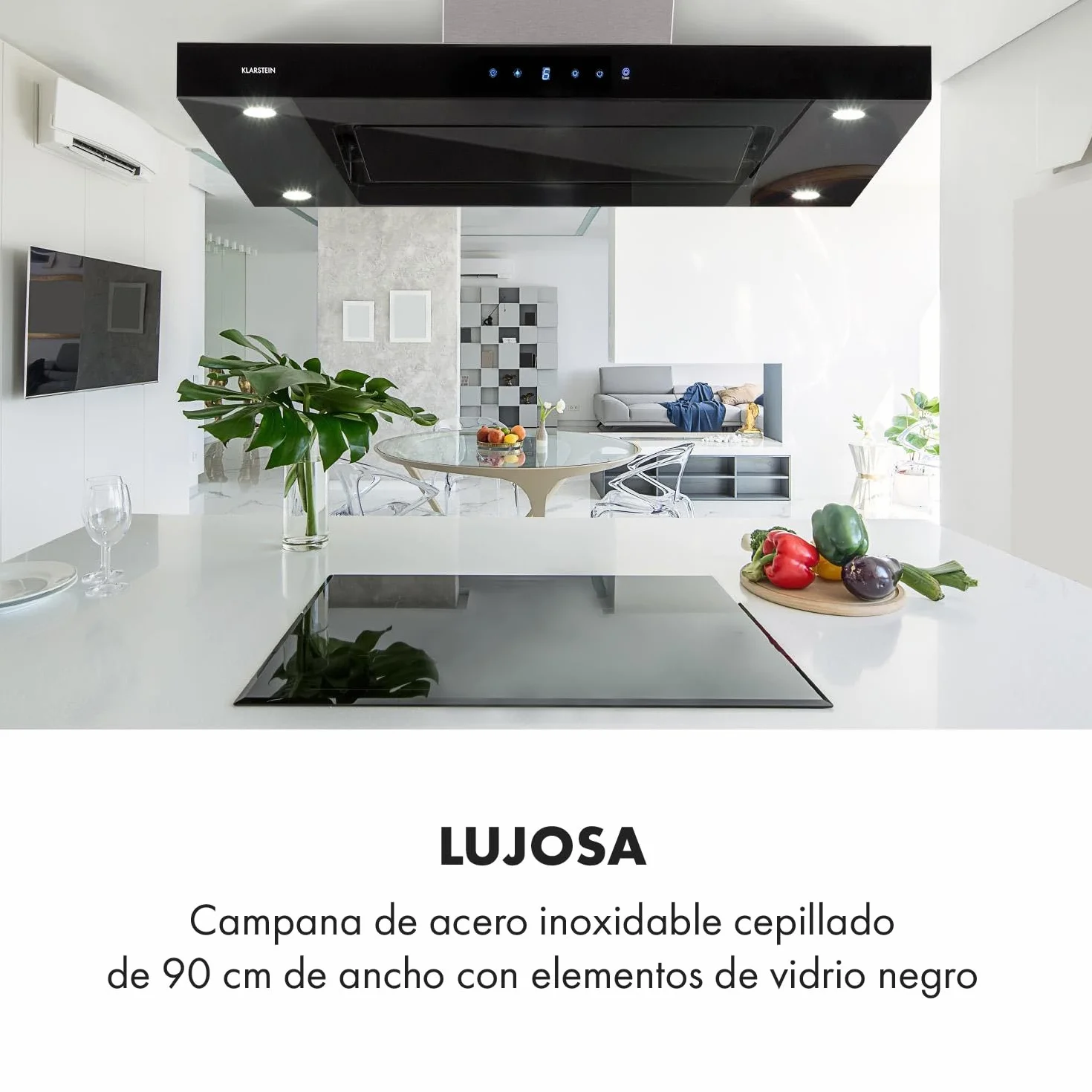 Klarstein Valeria Campana Isla 230W 650 m³/h 3 niveles potencia LED panel táctil vidrio acero inoxidable plateado