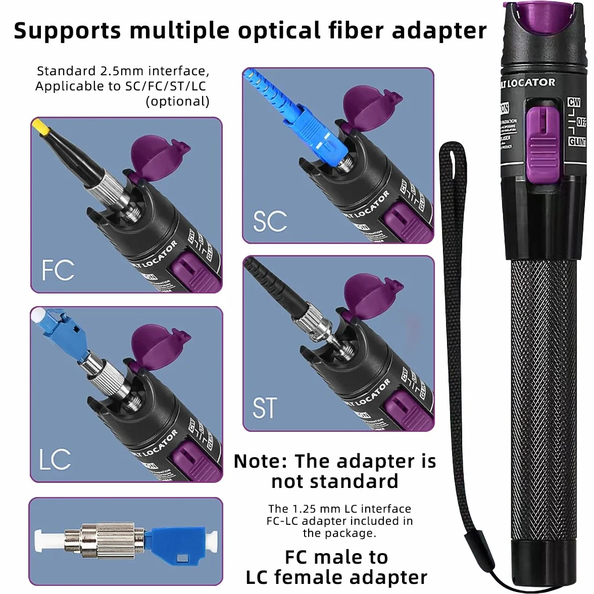 Localizador visual de fallas de 30MW, probador de fibra óptica de 30KM, FC macho a LC hembra, conector universal 2.5mm FC/SC/ST/LC