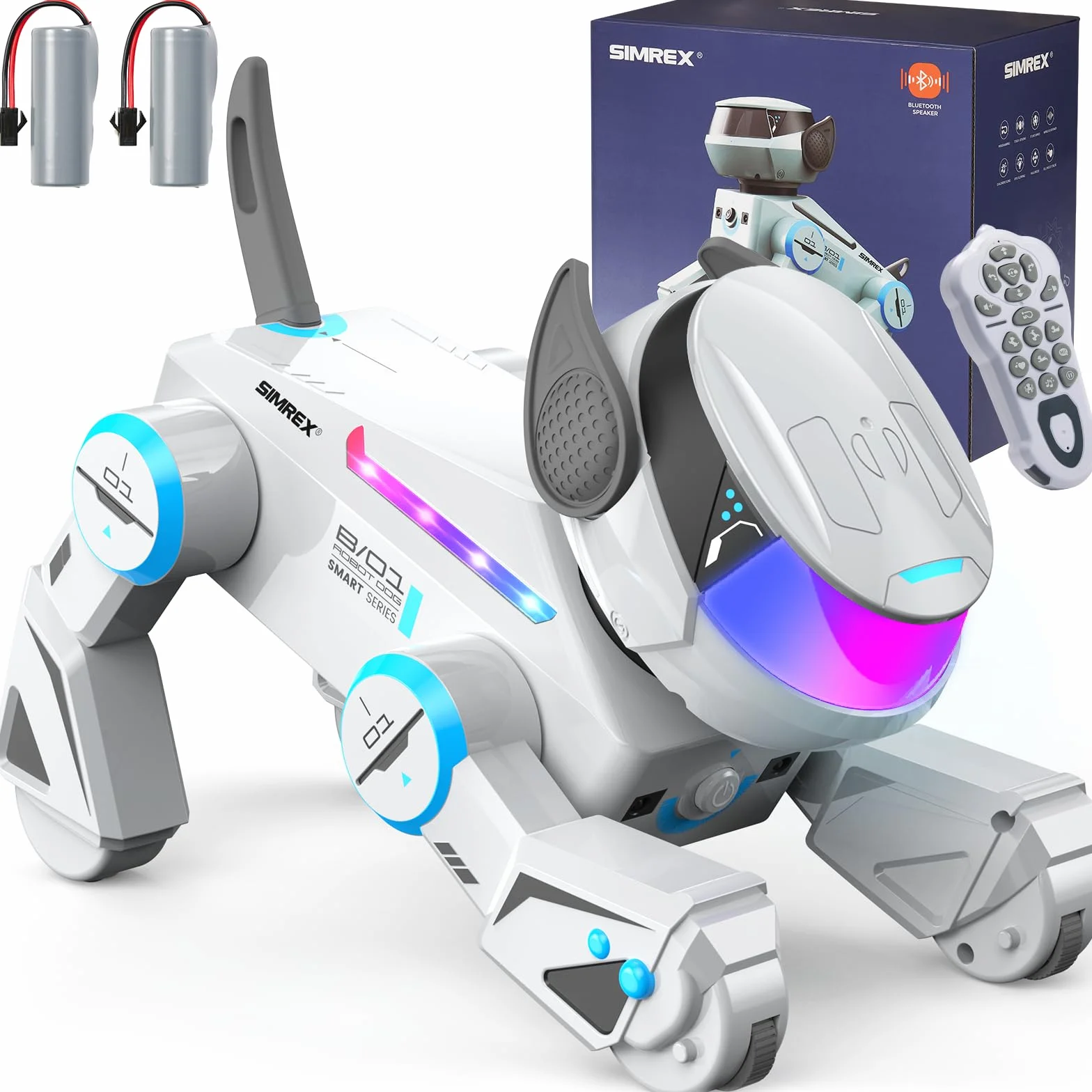 SIMREX Robot Perro Juguete Inteligente Interactivo con Sensor Táctil Control Remoto Bluetooth Ojos LED Gris