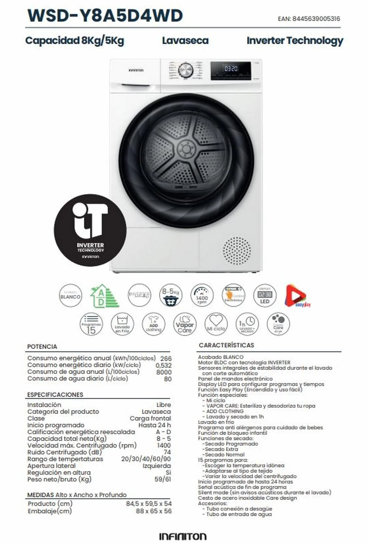 INFINITON Lavaseca WSD-Y8A5D4WD 8 kg 5 kg 85 cm 15 Programas Inverter Vapor Care Add Clothing Blanco