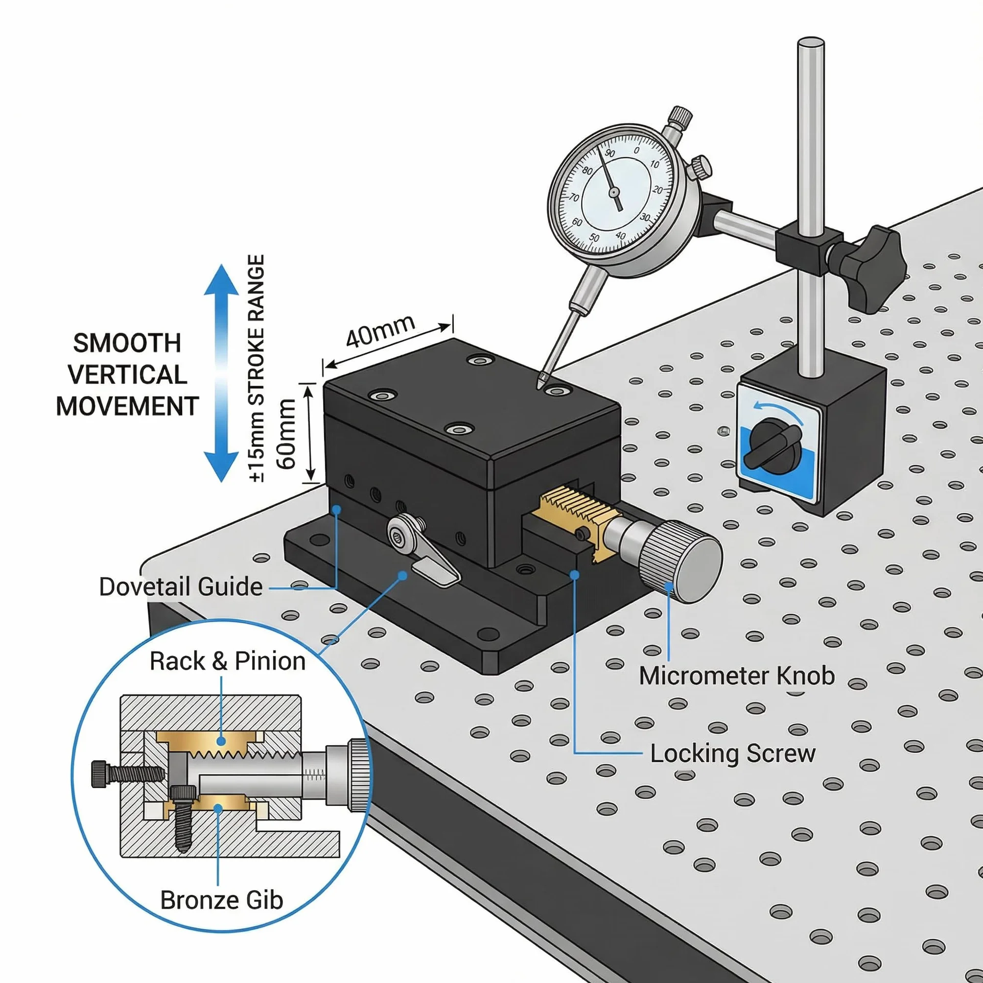 Ejes Z Etapa Lineal Giro Manual Plataforma de Ajuste Fino Mesa Deslizante Aleación de Aluminio SPZ40 60 para Equipos Ópticos