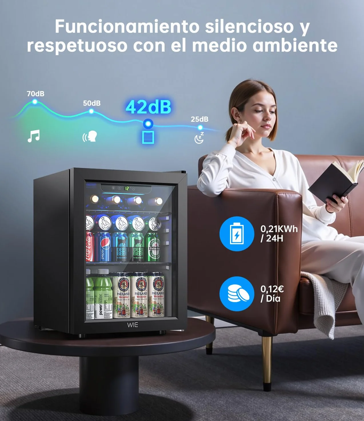 Mini Nevera 48L 68 Latas Frigorifico Pequeño con Puerta de Cristal, Temperatura Regulable, Iluminación LED, Silencioso