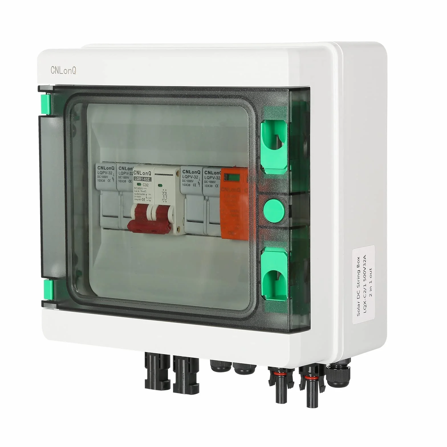 Caja Combinadora Fotovoltaica Con Disyuntor de 32A, Pararrayos y Conector Solar, Para Sistema de Panel de Red de Encendido/Apagado 500V, 2 in 1 out 2