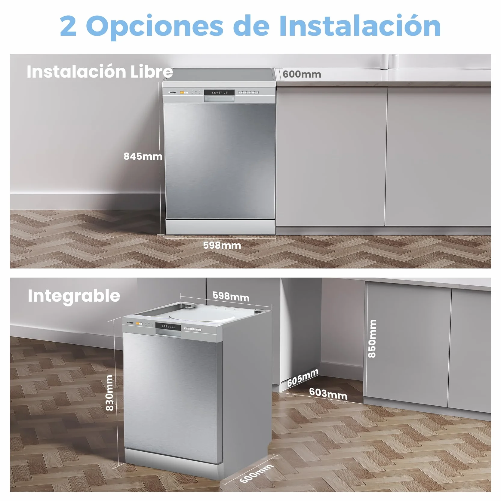 COMFEE' Lavavajillas Libre Instalación 60 cm 12 Cubiertos Acero Inoxidable 47 dB