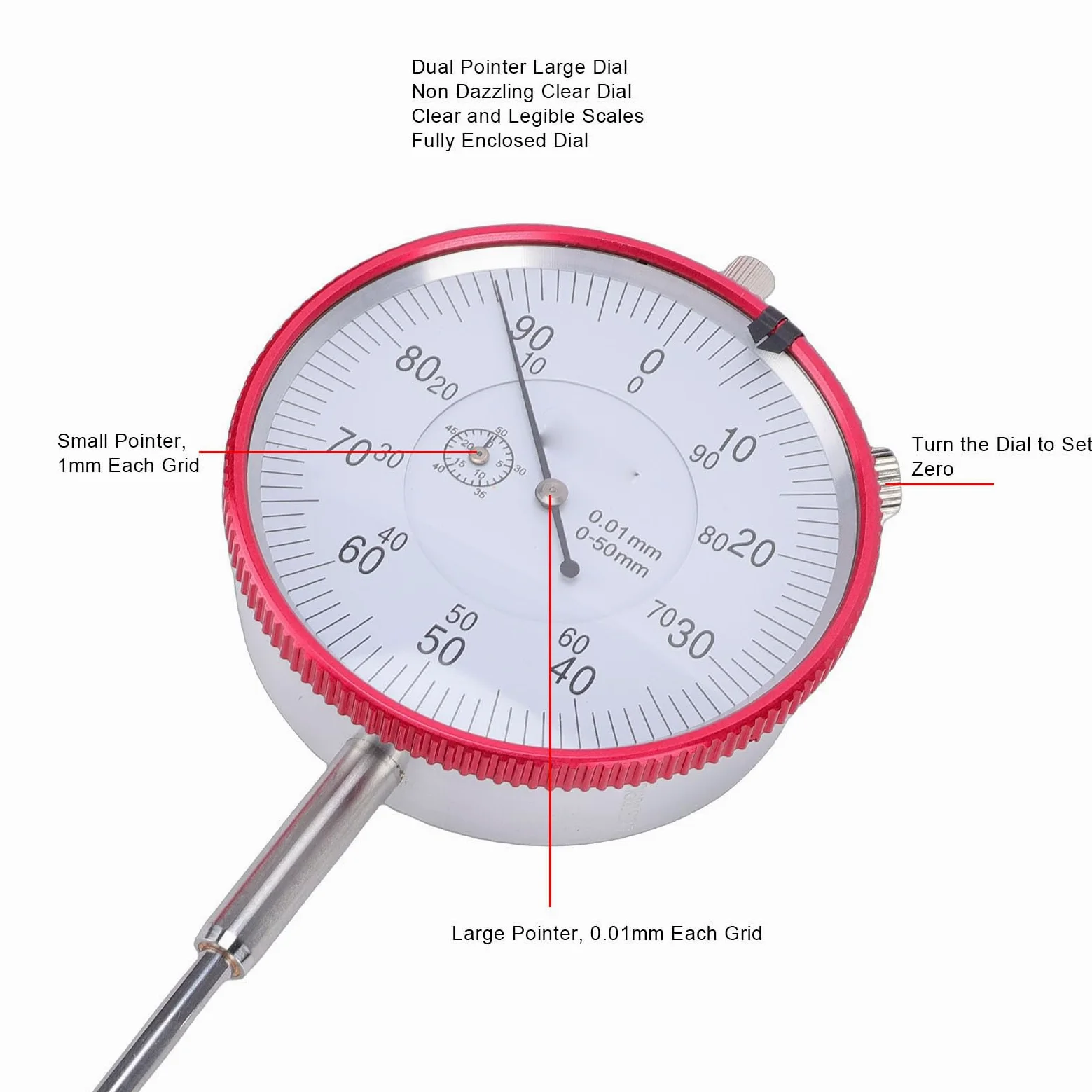 Bewinner Indicador de Dial de Puntero de Precisión de 0-50 Mm 0,01 Mm, Indicador de Prueba de Dial Mecánico con Punteros Dobles, Herramienta de Medición de Acero Inoxidable con Movimiento de Alta