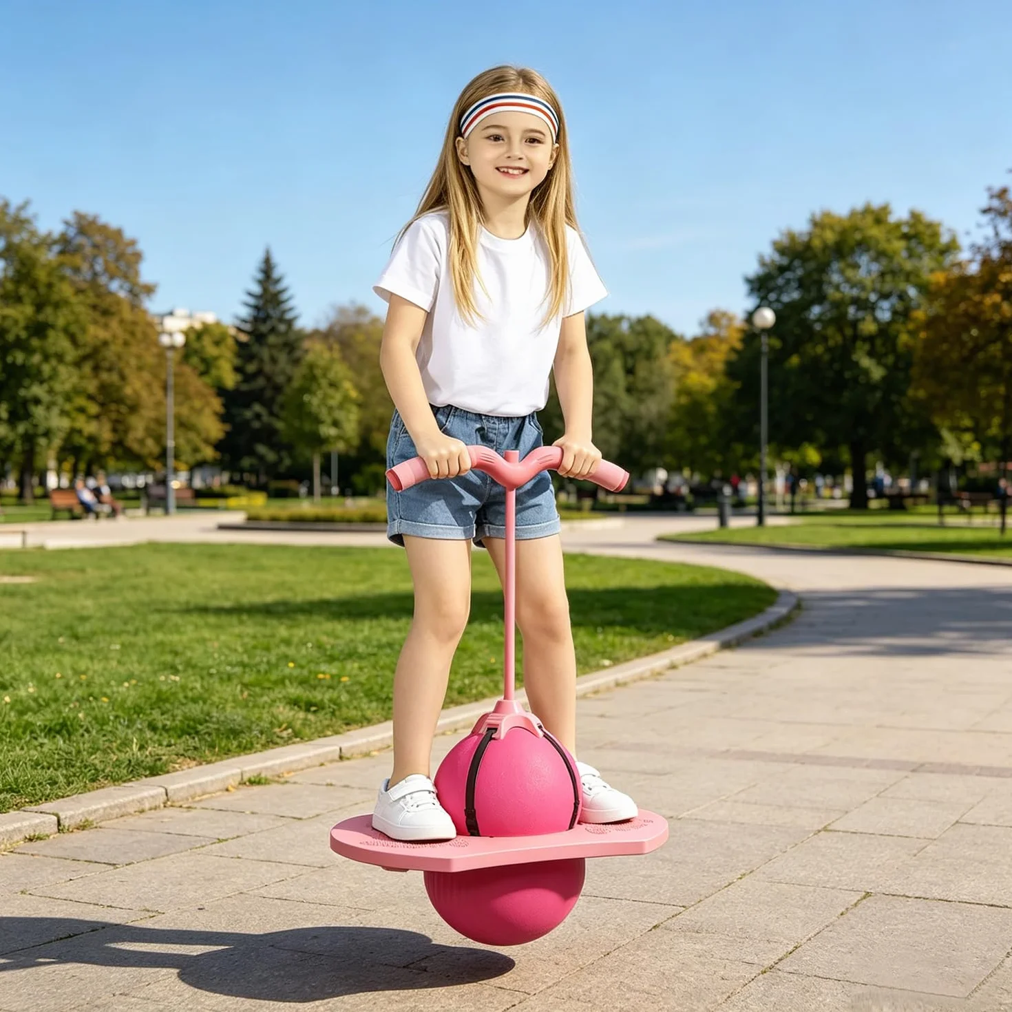 Pelota saltarina de equilibrio para niños con barra, juguete exterior rosa