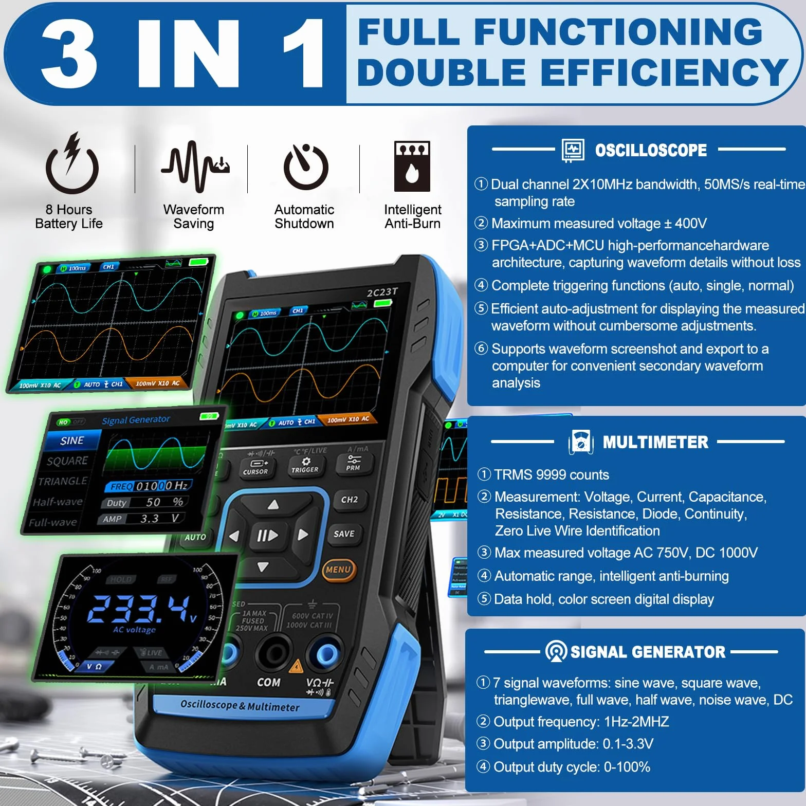 Osciloscopio Multímetro 2 Canales, WapoRich 3 en 1 Profesional Osciloscopio Portátil con 10MHz, 50 MSa/s, TRMS 9999 Cuentas, 7 Formas de Onda para Laboratorio, Automocion