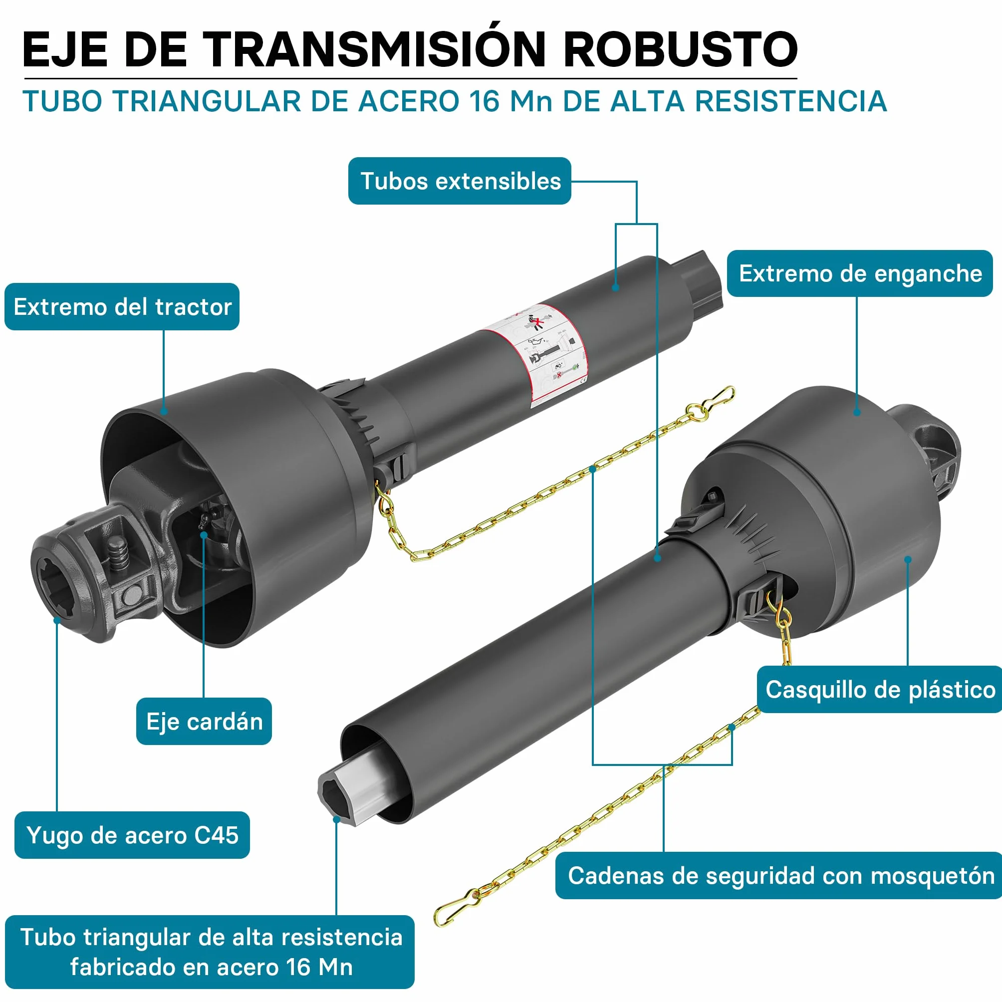 WilTec Toma de Fuerza T1 Eje transmisión cardán 800-880mm 210Nm 540rpm PTO 18kW 25CV 2X 1 3/8" 6 Dientes
