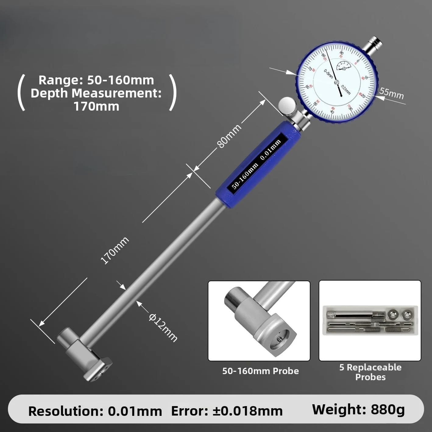 Medidor interno para juego de indicadores de dial de 10 a 450 mm, calibre de orificio de alta precisión para cilindros profundos de motor y reparación de automóviles (160-250 mm)