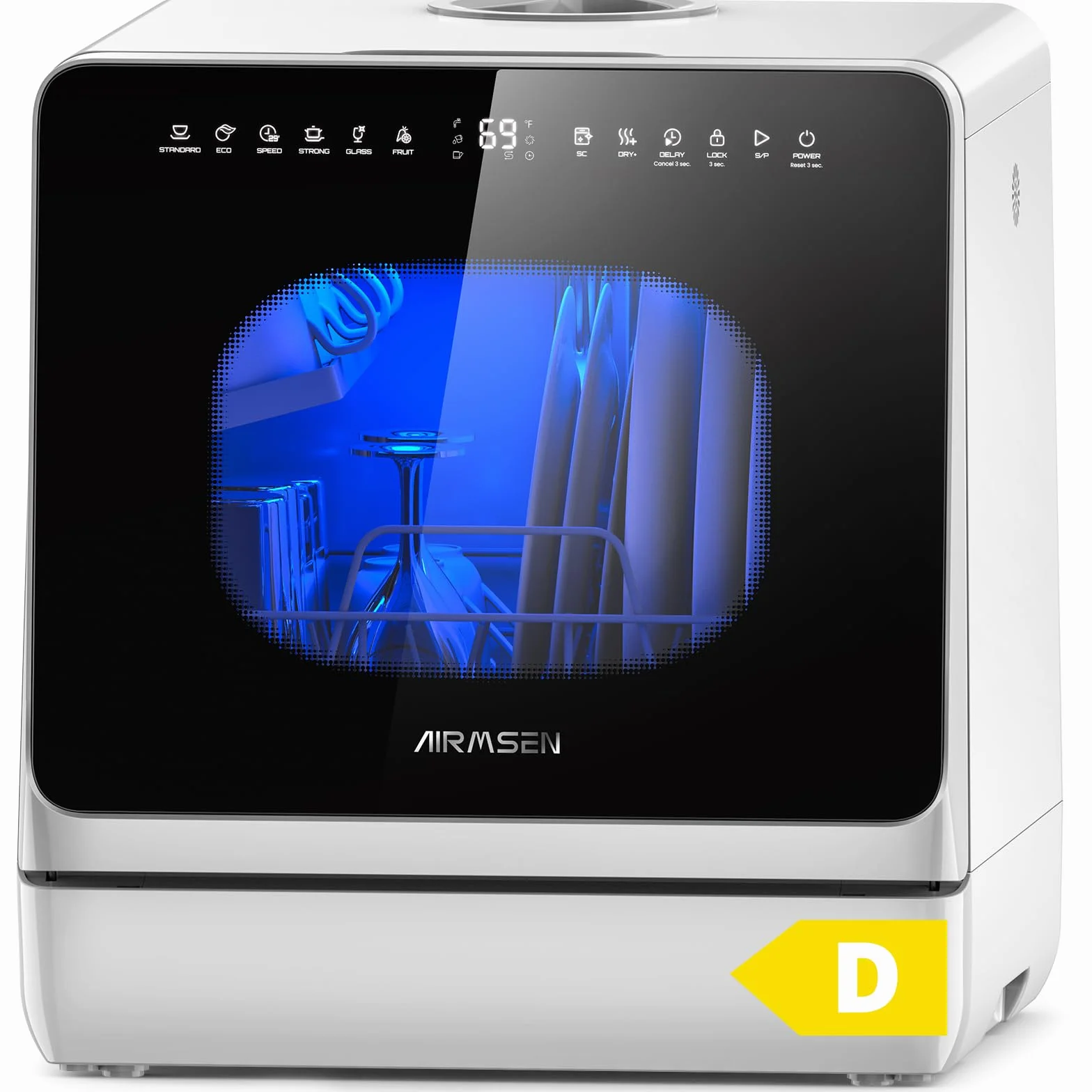 AIRMSEN Mini Lavavajillas Portátil 5L 8+3 Programas Inicio Diferido 1-18h Ablandador Agua Bloqueo Infantil