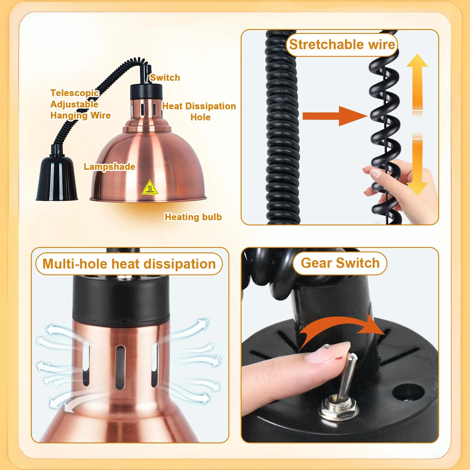 Lámpara de Calor Hostelería 250W Extensible Suspensión Calienta Platos B-25cm 1 Pieza