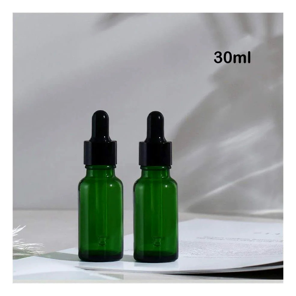 Casa de repuesto vacía MASCOTA Botellas 20pcs 5ml-100ml botellas vacías de vidrio ámbar cuentagotas esencial de aromaterapia verde gota del aceite de la botella de líquido reactivo Pipetear recargable