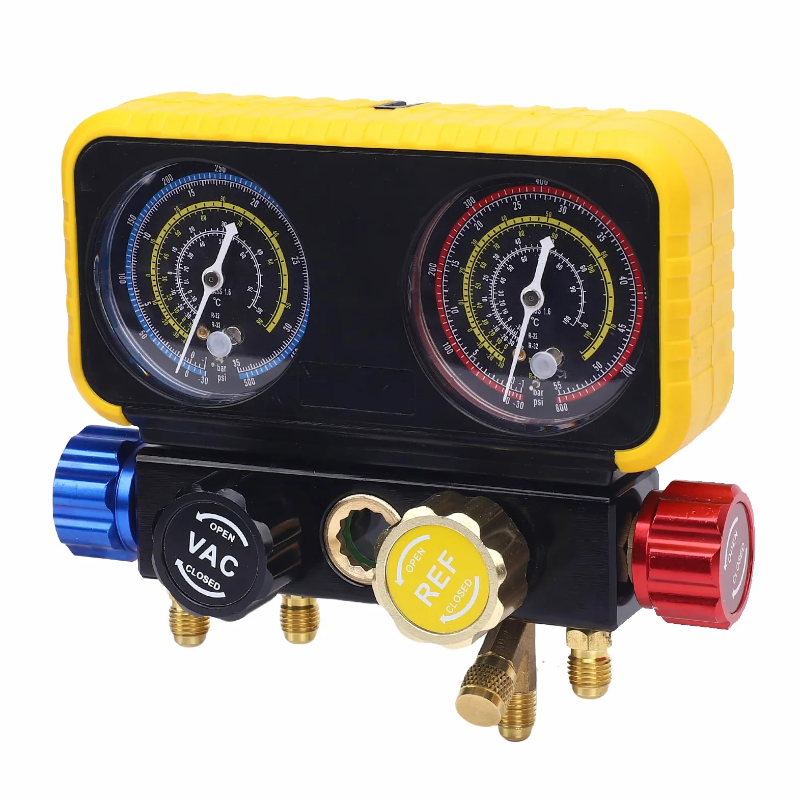 Acouto Manguetes de HVAC con Mangueras 4 Vías Manifold Latón Conjunto Servicio Pesado para el Reemplazo Refrigerantes Válvulas Seguridad Medidor Flujo Herramienta