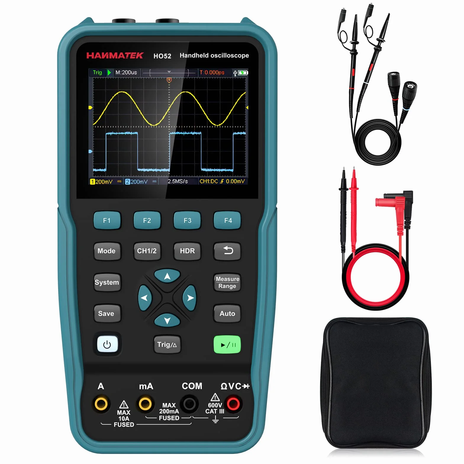 Osciloscopio Digital, HANMATEK HO52 Mini Osciloscopio TFT de 3,5", Osciloscopio y Multímetro 2 IN 1, Pantalla Retroiluminada, Función Autocalibración, 7 Medidas Automáticas, Función Memoria