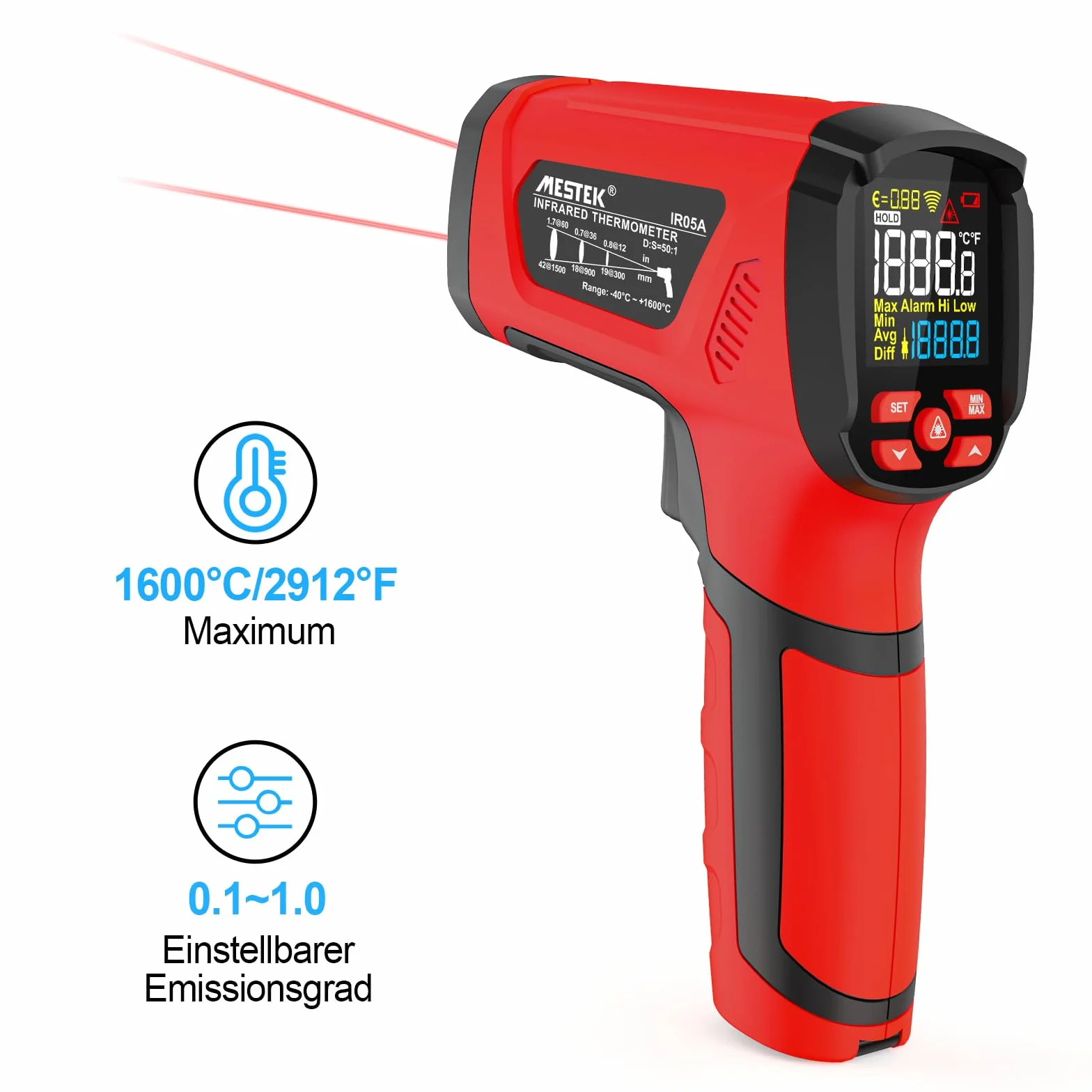 MESTEK Termómetro Infrarrojo Láser -40℃~1600℃ Pistola de Temperatura Sin Contacto Pantalla LCD a Color Ajuste Emisividad