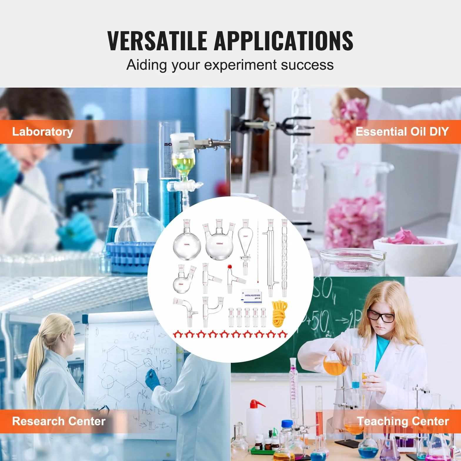 VEVOR Kit de destilación de laboratorio, kit de destilación de vidrio de laboratorio Boro 3.3 con 24 y 40 compuestos, juego de equipos de destilación de aceites esenciales de 1000 ml, 29 piezas