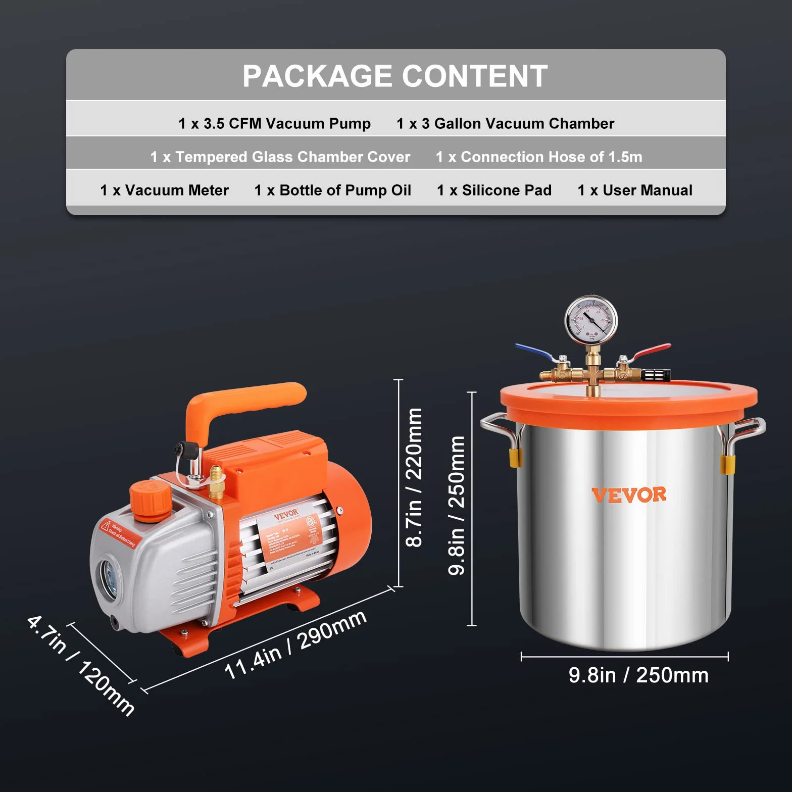 VEVOR Kit de cámara de vacío de 3 galones y bomba de 100 L/min kit de cámara de desgasificación al vacío con tapa de vidrio templado, bomba de vacío de una etapa con botella de aceite de 250 ml