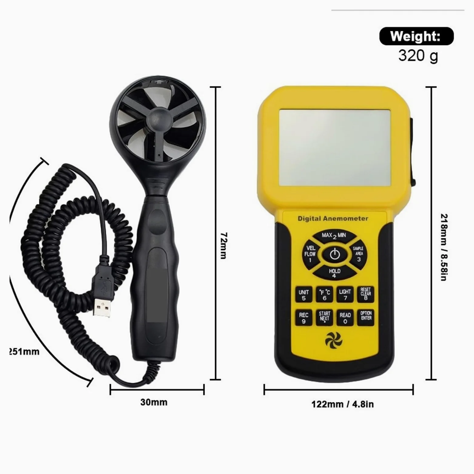 Anemómetro, Anemómetro digital del medidor de velocidad del viento for la velocidad del aire, temperatura del flujo de aire, máx./promedio/corriente