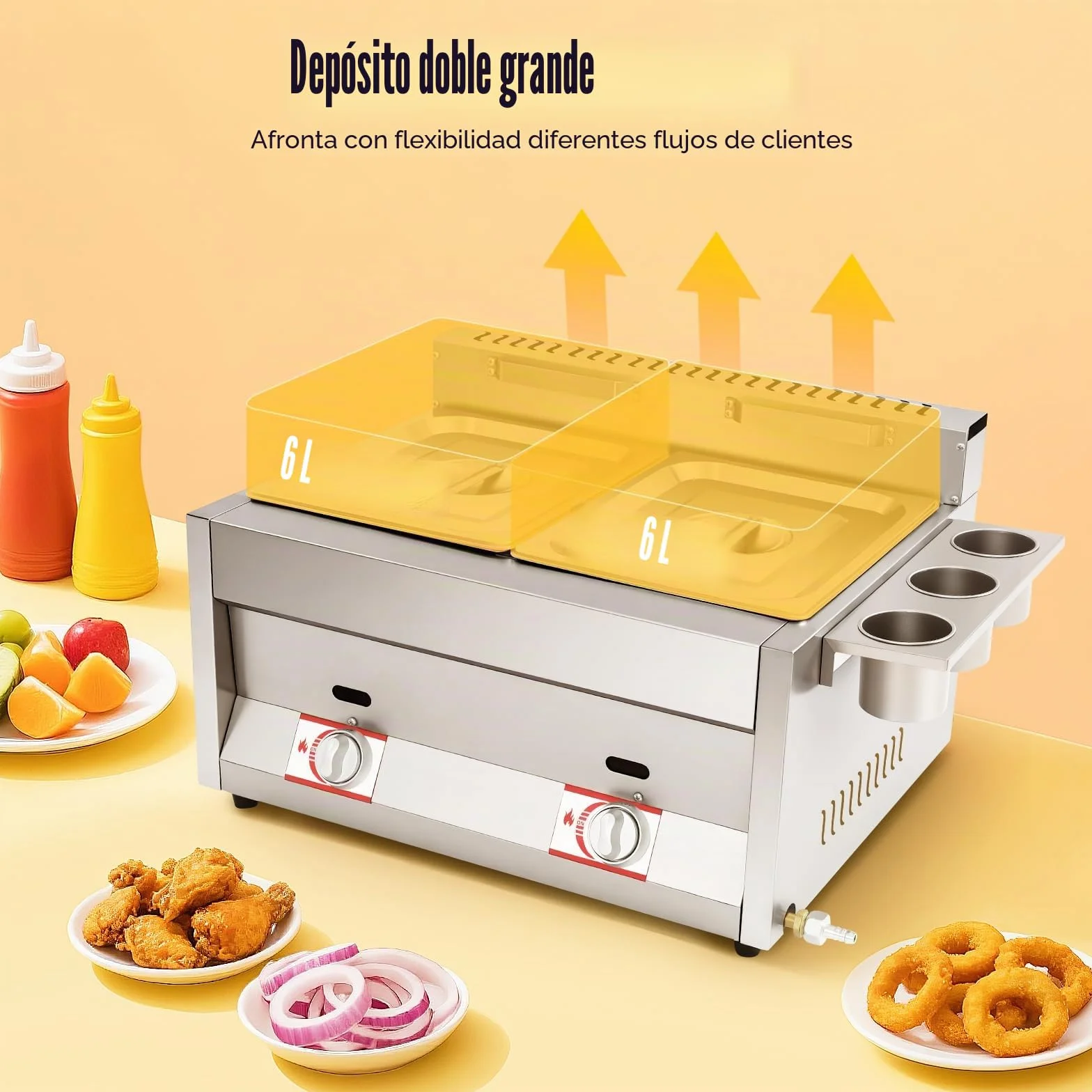 Freidora de gas doble con 2 cestas, freidora de propano de acero inoxidable, rango de temperatura 50-380 °C, freidora de gas con 3 contenedores para especias para familias, restaurantes, bocadillos