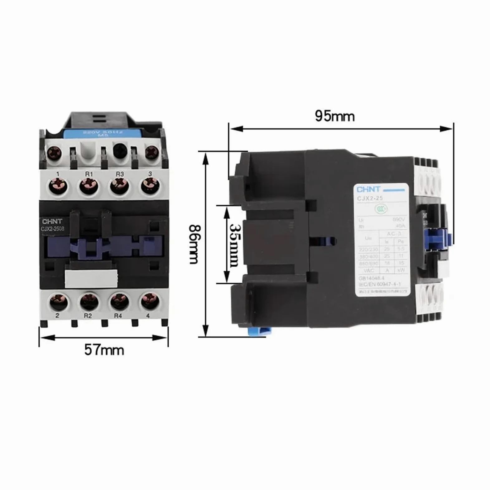 CJX2-2508 2NO 2NC 25A 220V Contactor de Montaje en riel Contactor eléctrico Industrial CJX2 2508