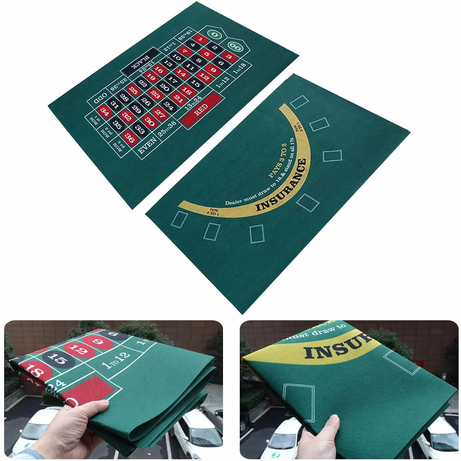 Fieltro de Mesa de Doble Cara - Tapete para Blackjack y Texas Hold 'em - Verde - Accesorio para Juegos de Cartas