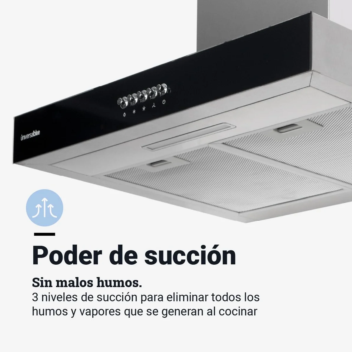 UNIVERSALBLUE Campana Extractora Decorativa 60 cm | Extractor Aire Eléctrico Cocina Cristal Negro Acero Inoxidable | 650 m³/h | Clase A | Filtro Carbono