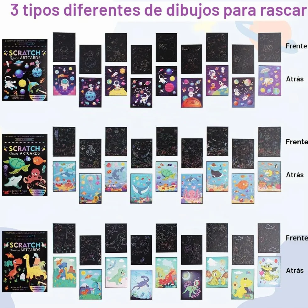 Arte para Rascar para Niños, Paquete de 3 Libros Scratch Art con Lápices de Madera, Dinosaurios, Mundo Submarino, Astronautas