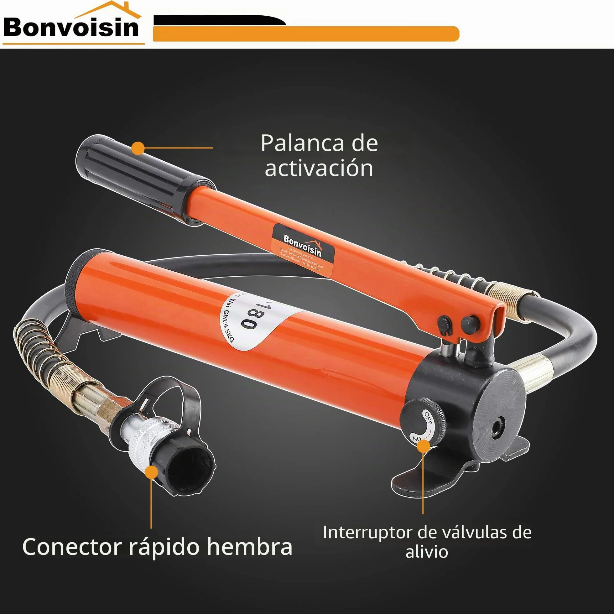 Bonvoisin CP-180 Bomba Hidráulica Manual, Alta Presión 60kg/cm², Capacidad de Aceite 400cc, Longitud de La Manguera 0,8m, para 5T/10T/20T Gato Hidráulico