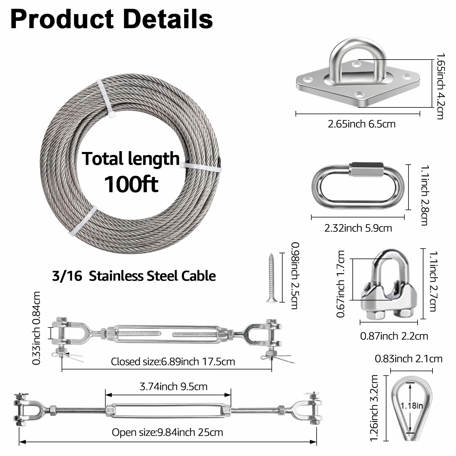 Kit de cuerda de alambre de 3/16 pulgadas con cable de acero inoxidable de 100 pies, tensores de 3/16, eslabones de cadena M6 y ganchos de ojo, límite de carga de 500 libras, kit de alambre