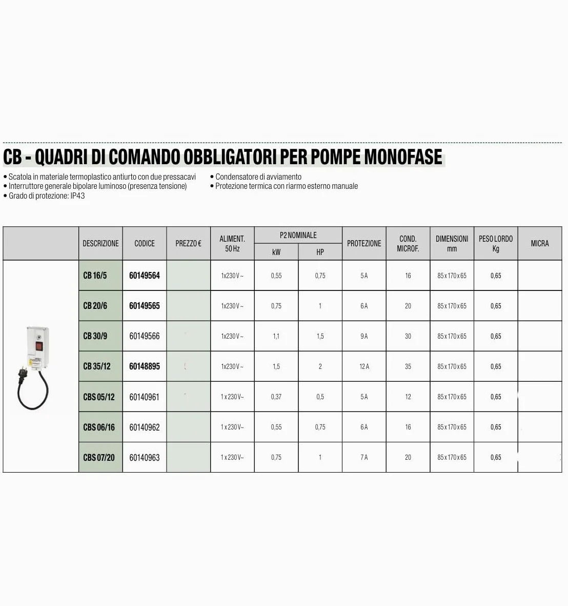 DAB CBS 07/20 - Cuadro de control monofásico con protección termostática 7A para bombas sumergibles HP. 1