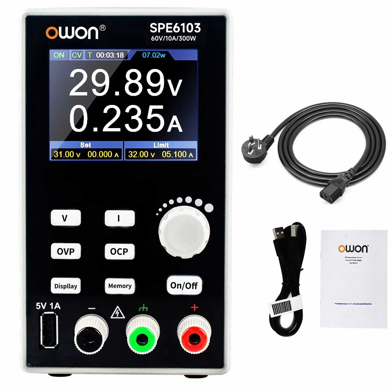 OWON SPE6103 Fuente de alimentación de CC programable, 300 W, 60 V/10 A, protección múltiple 4 dígitos de Alta precisión, Pantalla LCD TFT de 2,8 Pulgadas con Puerto USB