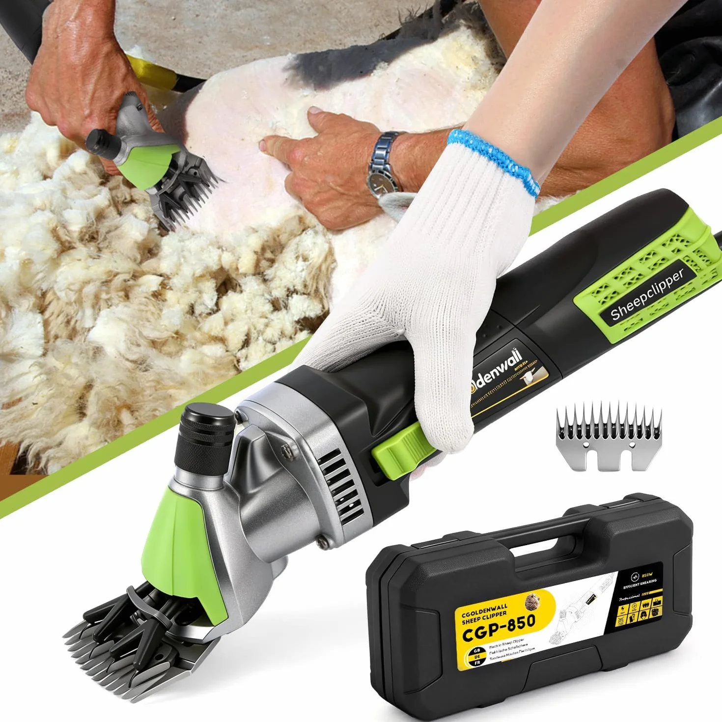 CGOLDENWALL Esquiladora unisex para Oveja 850W 2400RPM Cizalla para Cabra Electrónica para Cabra Alpaca Camello 6 Ajuste de Velocidad - Aceite lubricante Incluido (Cuchilla Recta de 13 Dientes)